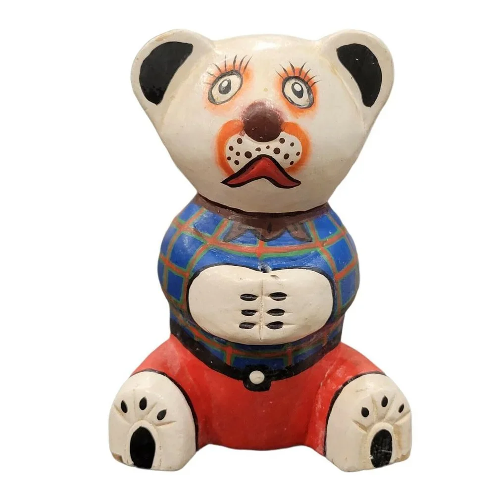 Artisan Folk Art Bear Hand Carved & Painted Wood with Flowers White Plaid Teddy - Picture 2 of 8